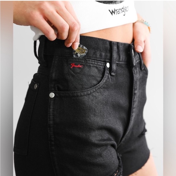 Wrangler Pants - Wrangler x Fender Women’s High Rise Festival Shorts in Black Coated Denim